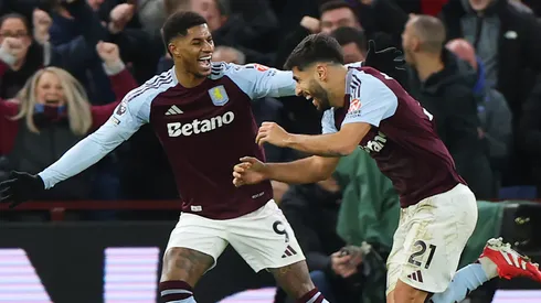 Marco Asensio of Aston Villa celebrates scoring his team's second goal with teammate Marcus Rashford during the Premier League match between Aston Villa FC and Chelsea FC at Villa Park on February 22, 2025 in Birmingham, England.