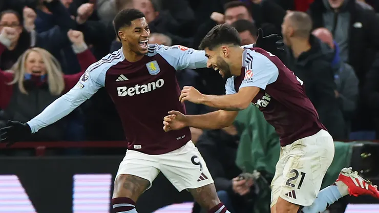 Marco Asensio of Aston Villa celebrates scoring his team's second goal with teammate Marcus Rashford during the Premier League match between Aston Villa FC and Chelsea FC at Villa Park on February 22, 2025 in Birmingham, England.