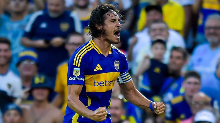 Edinson Cavani of Boca Juniors celebrates after scoring a goal.