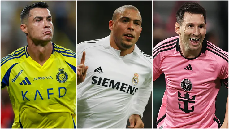 Cristiano Ronaldo (left), Ronaldo Nazario (center), and Lionel Messi (right)