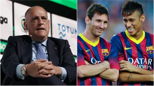 Javier Tebas (left), Neymar and Lionel Messi (right)