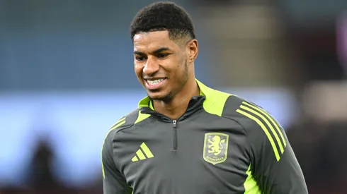 Marcus Rashford of Aston Villa smiles as he warms up prior to the Emirates FA Cup Fifth Round match between Aston Villa and Cardiff City at Villa Park on February 28, 2025 in Birmingham, England.