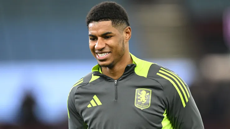 Marcus Rashford of Aston Villa smiles as he warms up prior to the Emirates FA Cup Fifth Round match between Aston Villa and Cardiff City at Villa Park on February 28, 2025 in Birmingham, England.