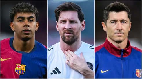 Lamine Yamal (left), Lionel Messi (center), and Robert Lewandowski (right)