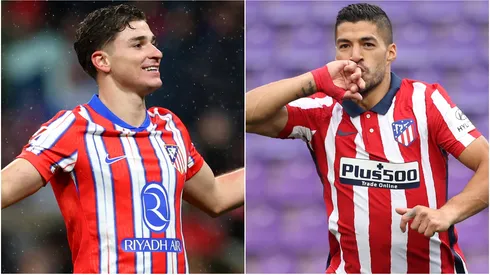 Julian Alvarez (L) and Luis Suarez of Atletico de Madrid celebrating.