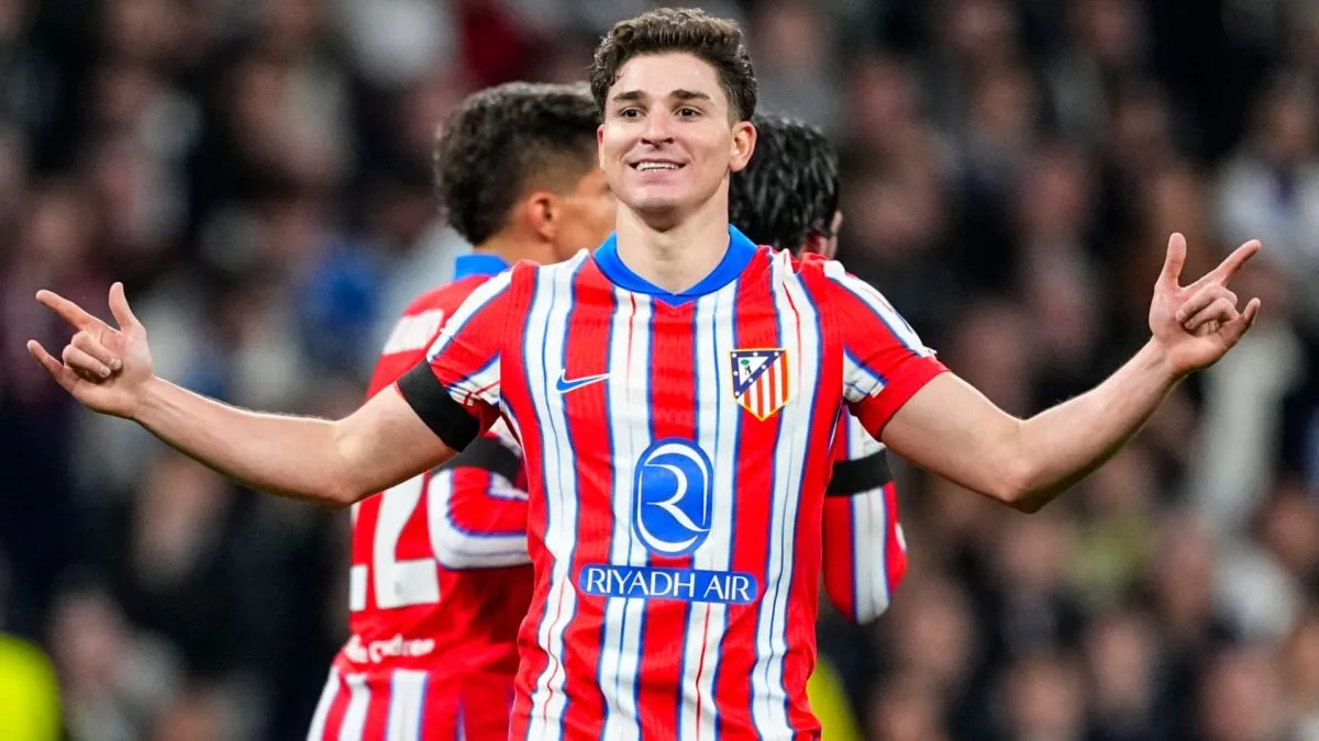 Julian Alvarez of Atletico de Madrid celebrates a goal during the UEFA Champions League 2024 25 League Round of 16 First Leg match between Real Madrid CF and Atletico de Madrid, at Santiago Bernabeu stadium on March 04, 2025, in Madrid, Spain.