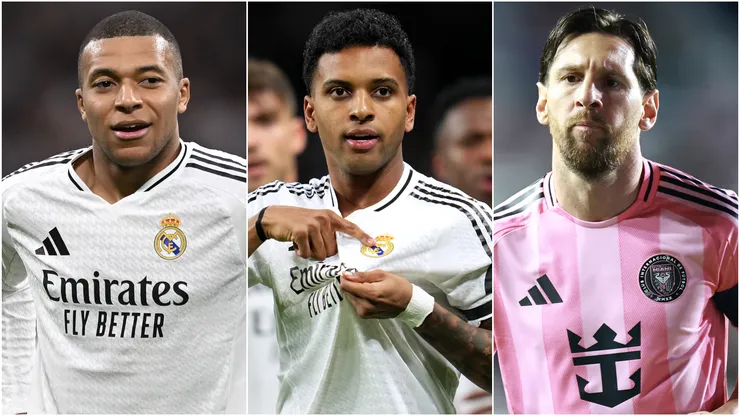 Kylian Mbappe (left), Rodrygo (center) and Lionel Messi (right)