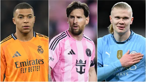 Kylian Mbappe (left), Lionel Messi (center), and Erling Haaland (right)