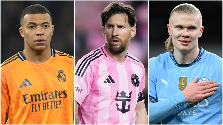 Kylian Mbappe (left), Lionel Messi (center), and Erling Haaland (right)
