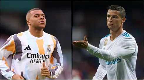 Kylian Mbappe and Cristiano Ronaldo playing for Real Madrid.