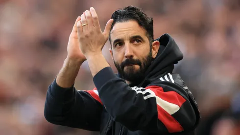 Ruben Amorim, Manager of Manchester United, acknowledges the fans prior to the Premier League match between Manchester United FC and Arsenal FC at Old Trafford on March 09, 2025 in Manchester, England.