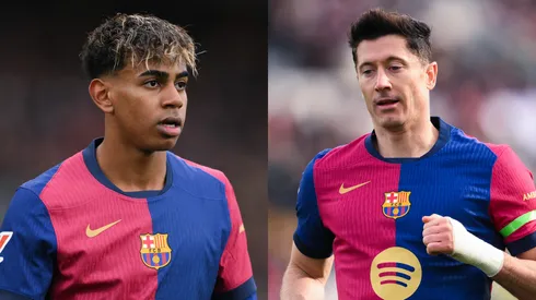 Lamine Yamal (L) and Robert Lewandowski (R) of FC Barcelona.