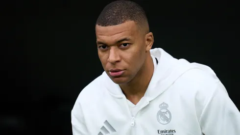 Kylian Mbappe of Real Madrid looks on prior to the LaLiga match between Real Madrid CF and Rayo Vallecano at Estadio Santiago Bernabeu on March 09, 2025 in Madrid, Spain.