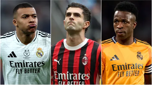 Kylian Mbappe (left), Christian Pulisic (center), and Vinicius (right)