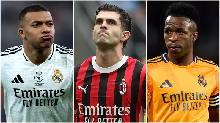 Kylian Mbappe (left), Christian Pulisic (center), and Vinicius (right)