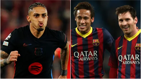 Raphinha (left),Neymar and Lionel Messi (right)