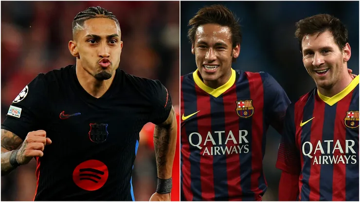 Raphinha (left),Neymar and Lionel Messi (right)