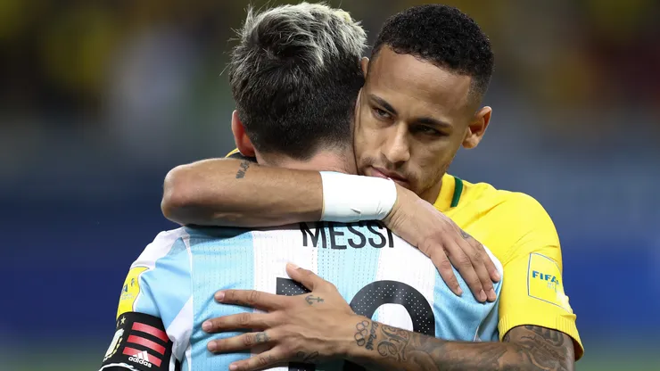Neymar (R) of Brazil greets Lionel Messi of Argentina during a match between Brazil and Argentina as part of 2018 FIFA World Cup Russia Qualifier at Mineirao stadium on November 10, 2016 in Belo Horizonte, Brazil.