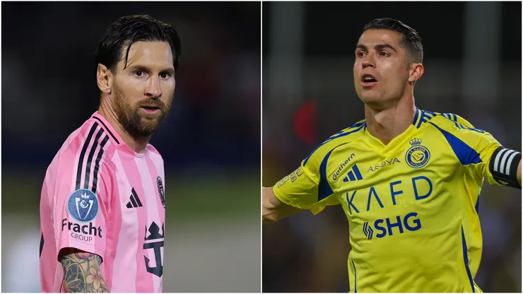 Lionel Messi #10 of Inter Miami CF (L) and Cristiano Ronaldo of Al Nassr (R).