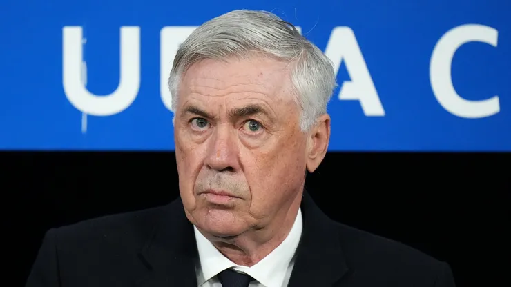 Carlo Ancelotti, Head Coach of Real Madrid, looks on prior to the UEFA Champions League 2024/25 Round of 16 second leg match between Atletico de Madrid and Real Madrid C.F. at Estadio Metropolitano on March 12, 2025 in Madrid, Spain.