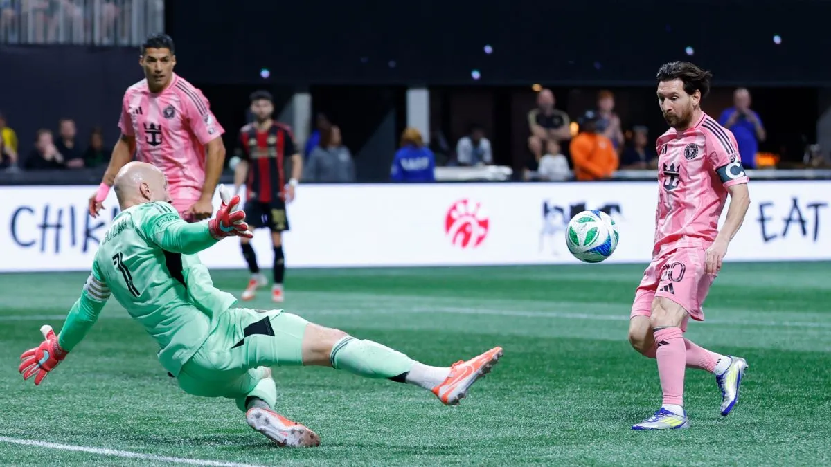Lionel Messi #10 of Inter Miami CF scores the team's first goal during the MLS match between Atlanta United and Inter Miami CF at Mercedes-Benz Stadium on March 16, 2025 in Atlanta, Georgia.