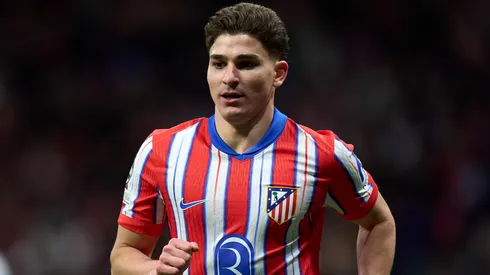 Julián Álvarez of Atletico de Madrid looks on during the UEFA Champions League 2024/25 UEFA Champions League 2024/25 Round of 16 second leg match between Atletico de Madrid and Real Madrid C.F. at Riyadh Air Metropolitano on March 12, 2025 in Madrid, Spain.