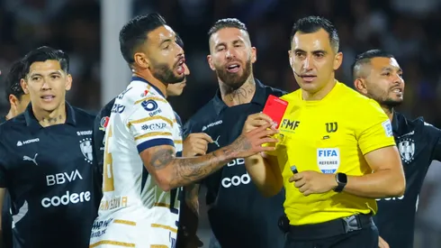 Sergio Ramos of Monterrey gets a red card during the 12th round match between Pumas UNAM and Monterrey as part of the Torneo Clausura 2025 Liga MX at Estadio Olimpico Universitario on March 16, 2025 in Mexico City, Mexico.