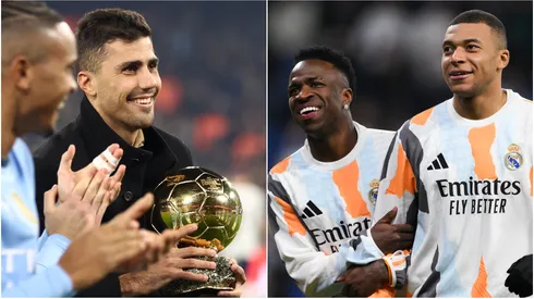 Rodri (left), Vinicius and Kylian Mbappe (right)