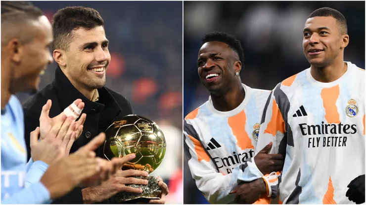 Rodri (left), Vinicius and Kylian Mbappe (right)