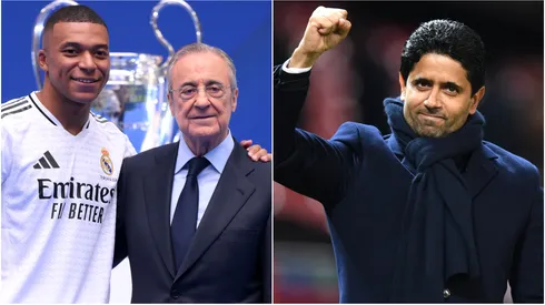 Kylian Mbappe, Florentino Perez (left) and Nasser Al-Khelaifi (right)