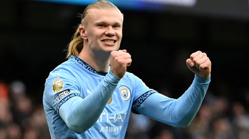 Erling Haaland of Manchester City celebrates scoring his team's first goal during the Premier League match between Manchester City FC and Brighton & Hove Albion FC at Etihad Stadium on March 15, 2025 in Manchester, England