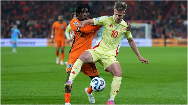 Jeremie Frimpong of the Netherlands and Dani Olmo of Spain