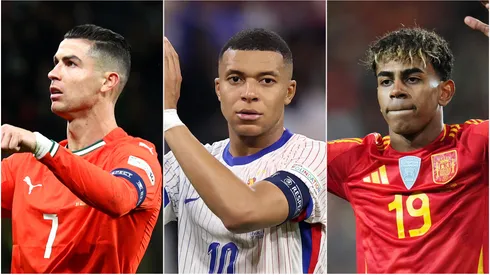 Cristiano Ronaldo (L) of Portugal, Kylian Mbappe (M) of France, and Lamine Yamal (R) of Spain.