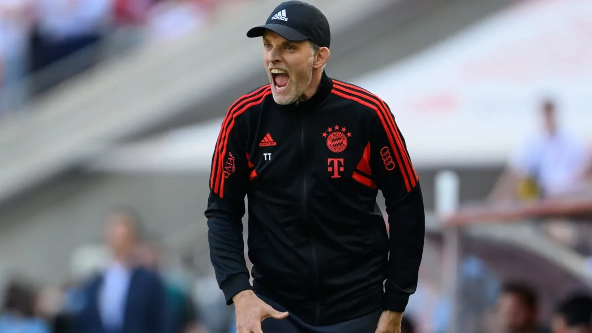 Thomas Tuchel, Head Coach of Bayern Munich, reacts during the Bundesliga match between 1. FC Köln and FC Bayern München at RheinEnergieStadion on May 27, 2023 in Cologne, Germany.