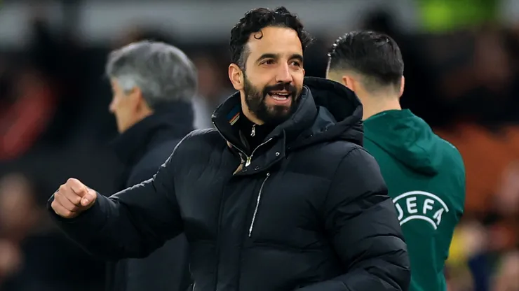Ruben Amorim, Manager of Manchester United, celebrates after Bruno Fernandes of Manchester United (not pictured) scores his team's third goal during the UEFA Europa League 2024/25 Round of 16 Second Leg match between Manchester United and Real Sociedad de Futbol at Old Trafford on March 13, 2025 in Manchester, England.