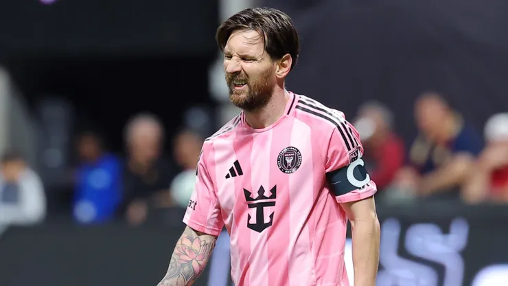 Lionel Messi #10 of Inter Miami CF reacts during the MLS match between Atlanta United and Inter Miami CF at Mercedes-Benz Stadium on March 16, 2025 in Atlanta, Georgia.
