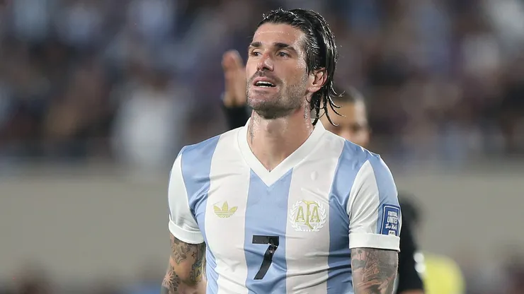 Rodrigo De Paul of Argentina reacts during the South of American FIFA World Cup 2026 Qualifier between Argentina and Brazil at Estadio Más Monumental Antonio Vespucio Liberti on March 25, 2025 in Buenos Aires, Argentina.
