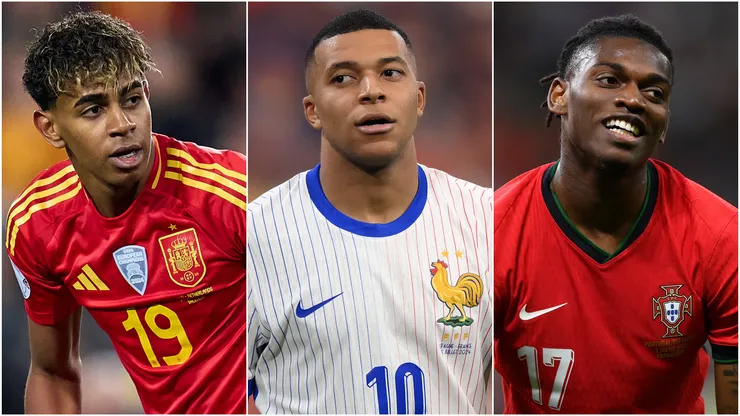 Lamine Yamal (left), Kylian Mbappe (center) and Rafael Leao (right)