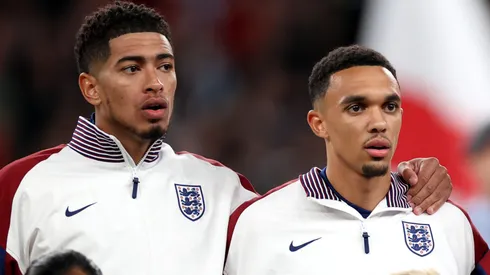 Jude Bellingham and Trent Alexander-Arnold of England line up for the national anthem prior to kick-off ahead of the UEFA Nations League 2024/25 League B Group B2 match between England and Greece at Wembley Stadium on October 10, 2024 in London, England.