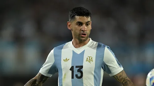 Cristian Romero of Argentina looks at the ball during the South of American FIFA World Cup 2026 Qualifier between Argentina and Brazil at Estadio Más Monumental Antonio Vespucio Liberti on March 25, 2025 in Buenos Aires, Argentina.