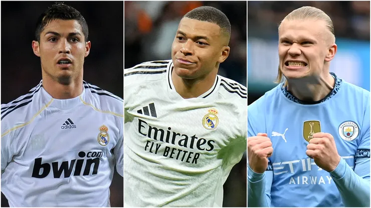 Cristiano Ronaldo (left), Kylian Mbappe (center), and Erling Haaland (right)