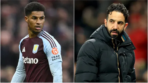 Marcus Rashford (L) of Aston Villa and Ruben Amorim (R), Head Coach of Manchester United.