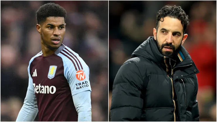 Marcus Rashford (L) of Aston Villa and Ruben Amorim (R), Head Coach of Manchester United.
