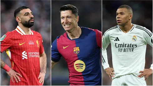 Mohamed Salah (L) of Liverpool, Robert Lewandowski (M) of FC Barcelona, and Kylian Mbappe (R) of Real Madrid.