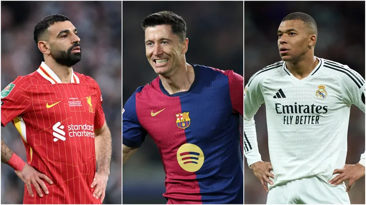 Mohamed Salah (L) of Liverpool, Robert Lewandowski (M) of FC Barcelona, and Kylian Mbappe (R) of Real Madrid.