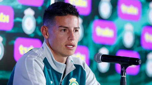 James Rodriguez speaks in a press conference during a presentation as new player of Club Leon at La Esmeralda clubhouse on January 14, 2025 in Leon, Mexico.