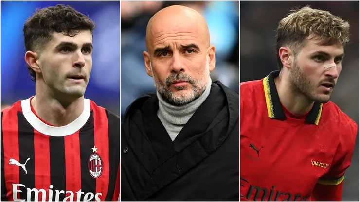 Christian Pulisic (left), Pep Guardiola (center), and Santiago Gimenez (right)