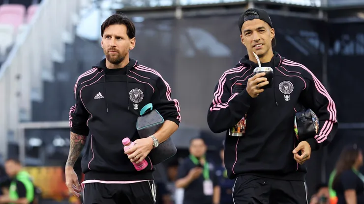 Lionel Messi (L) #10 and Luis Suárez (R) #9 of Inter Miami CF arrive prior to the MLS match between Inter Miami CF and New York City FC at Chase Stadium on February 22, 2025 in Fort Lauderdale, Florida.
