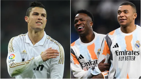 Cristiano Ronaldo (left), Vinicius and Kylian Mbappe (right)