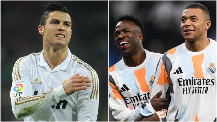 Cristiano Ronaldo (left), Vinicius and Kylian Mbappe (right)